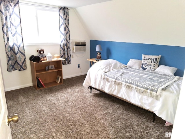 carpeted bedroom featuring a wall unit AC and lofted ceiling