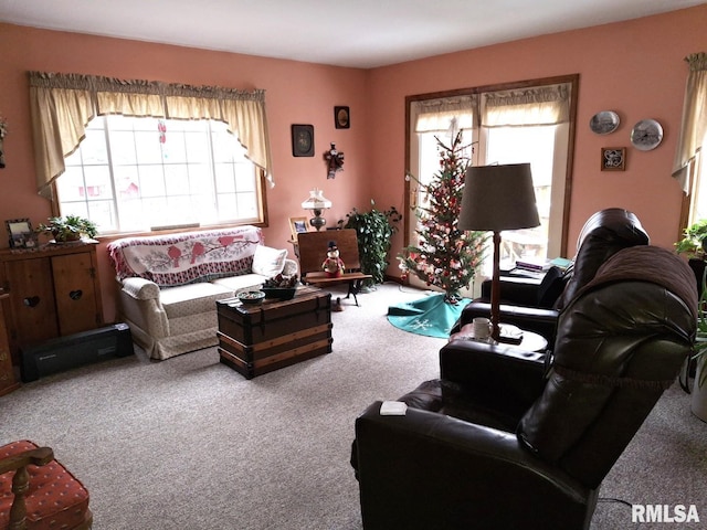 living room featuring carpet flooring and a healthy amount of sunlight