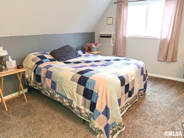 bedroom with a wall mounted AC, carpet, and lofted ceiling