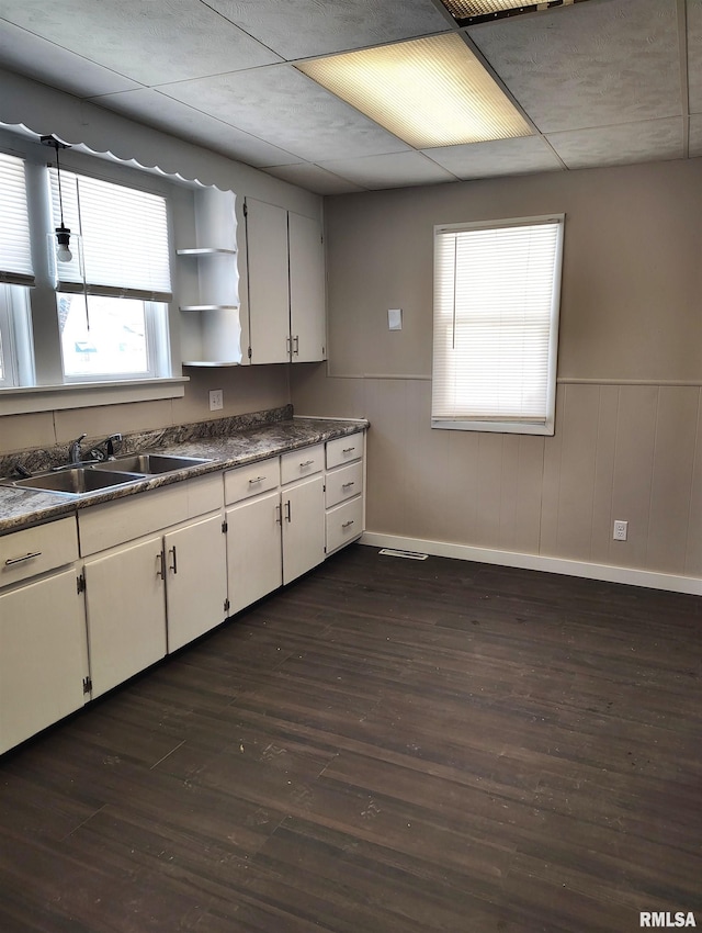 kitchen with sink, white cabinets, and dark hardwood / wood-style floors