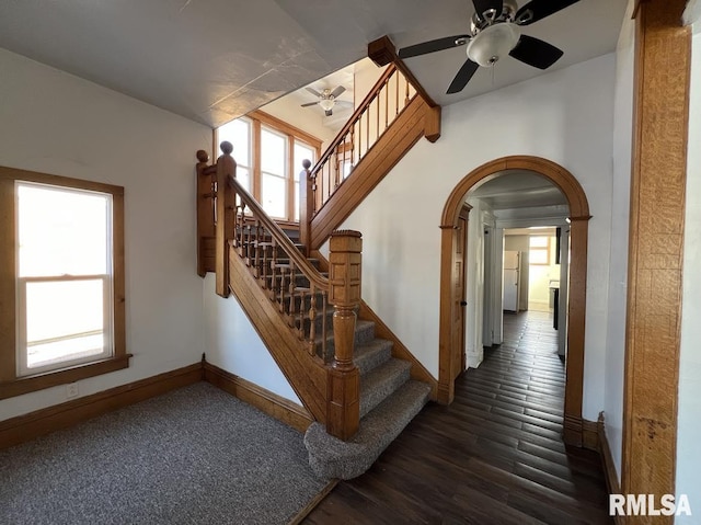 staircase with ceiling fan and hardwood / wood-style flooring