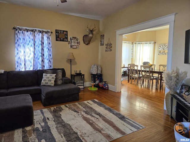 living room featuring hardwood / wood-style floors and ceiling fan