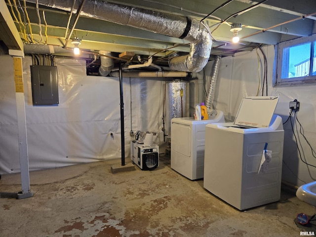 basement with electric panel and washer and clothes dryer