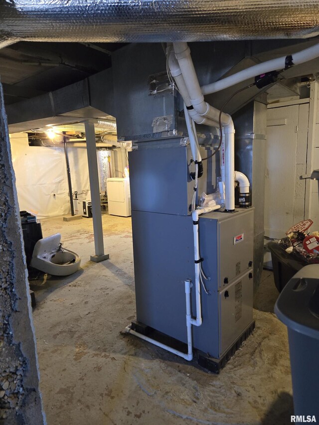 505 W Main St, La Harpe, IL 61450 - unfinished basement featuring washer / clothes dryer and heating unit