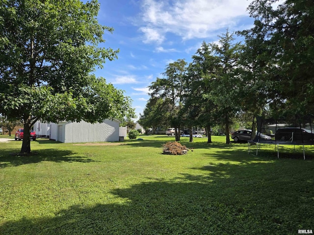 505 W Main St, La Harpe, IL 61450 - view of grassy yard featuring a trampoline and an outbuilding