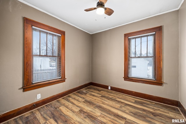 unfurnished room with crown molding, ceiling fan, and hardwood / wood-style flooring