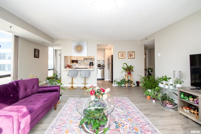 living room with a healthy amount of sunlight and light hardwood / wood-style flooring