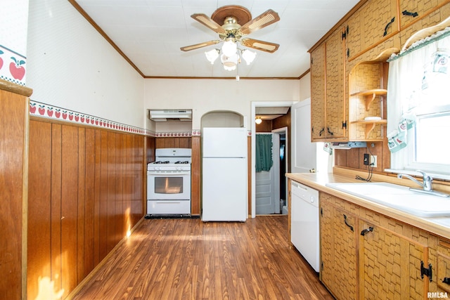 kitchen featuring wood walls, white appliances, sink, dark hardwood / wood-style floors, and range hood