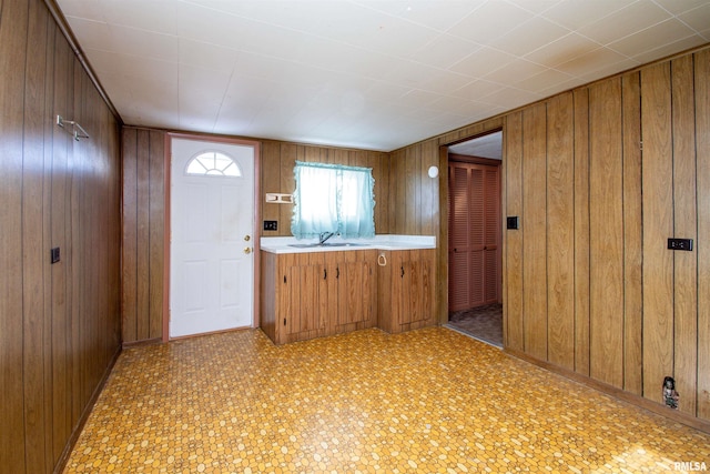 kitchen featuring wooden walls and sink