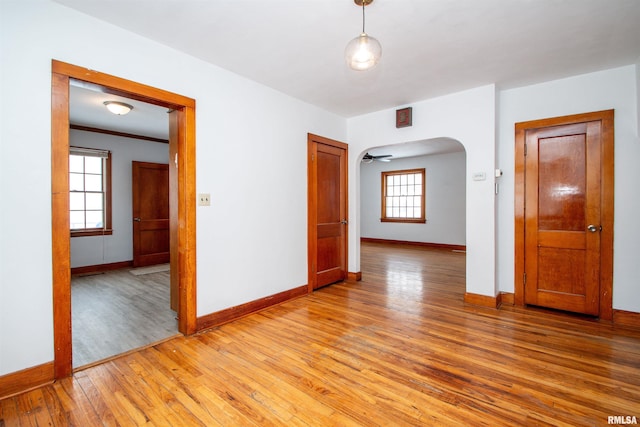 spare room featuring light hardwood / wood-style flooring, ceiling fan, and a healthy amount of sunlight