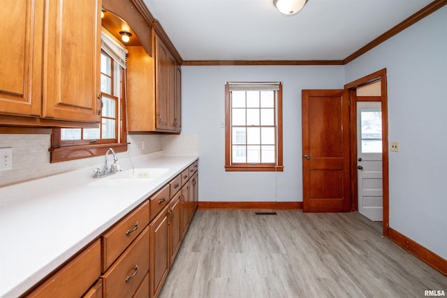 kitchen featuring decorative backsplash, light hardwood / wood-style floors, ornamental molding, and sink