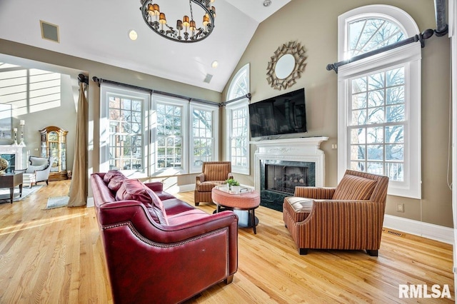 living room with a premium fireplace, hardwood / wood-style floors, and plenty of natural light