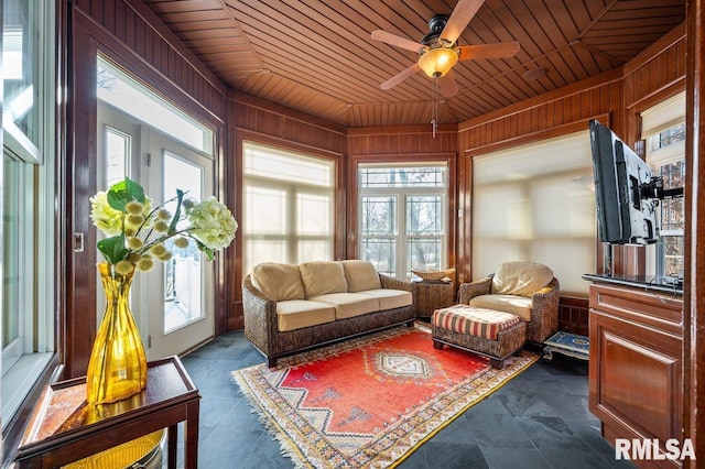 sunroom / solarium featuring ceiling fan and wooden ceiling