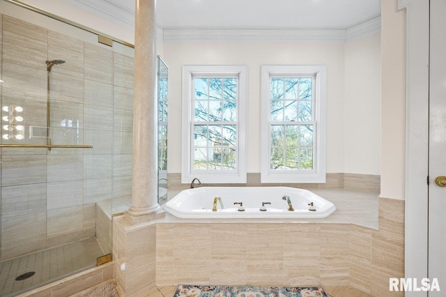 bathroom with decorative columns, crown molding, and independent shower and bath