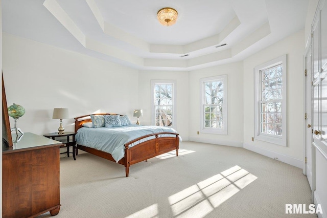 bedroom featuring light colored carpet and a raised ceiling