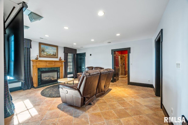 living room with a fireplace