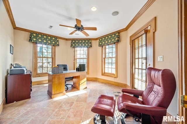 tiled home office with ceiling fan and crown molding