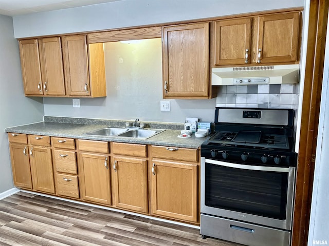 kitchen with stainless steel gas stove, light hardwood / wood-style floors, and sink