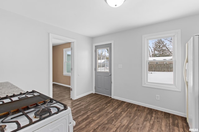 kitchen featuring white appliances and dark wood-type flooring