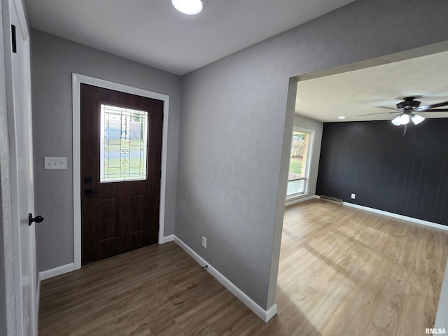 foyer featuring ceiling fan and wood-type flooring