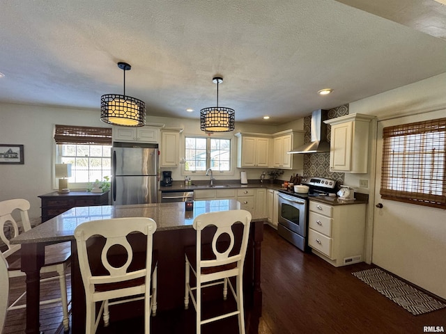 kitchen featuring a healthy amount of sunlight, wall chimney range hood, stainless steel appliances, and hanging light fixtures