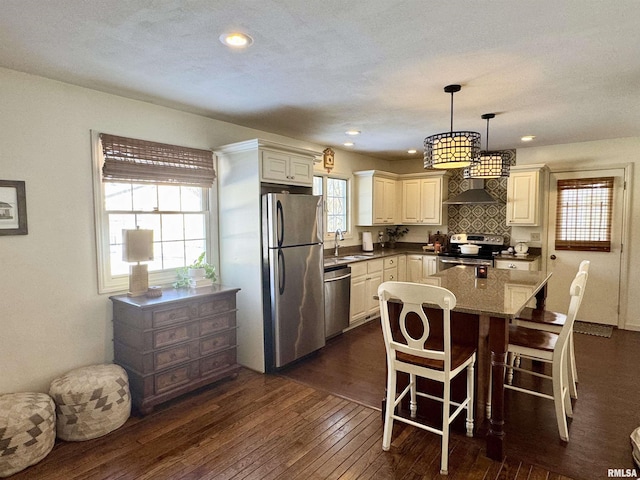 kitchen with sink, dark wood-type flooring, hanging light fixtures, plenty of natural light, and appliances with stainless steel finishes