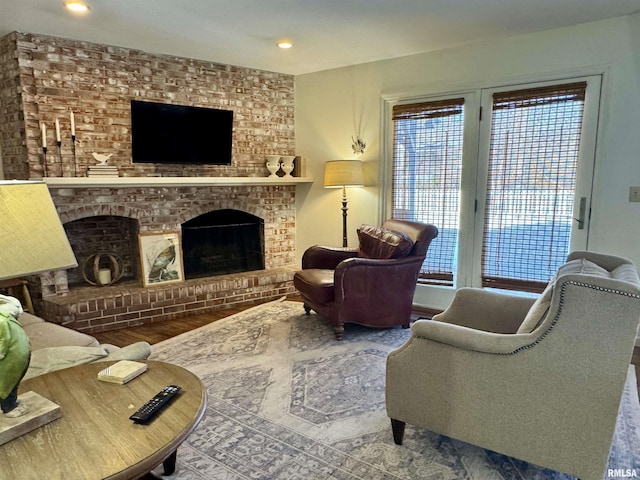 living room with a fireplace and wood-type flooring