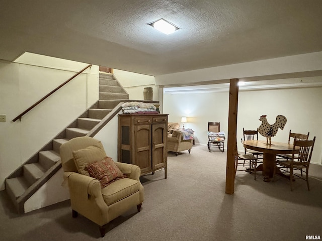 interior space with carpet and a textured ceiling