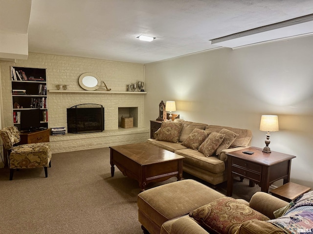 living room featuring carpet floors and a brick fireplace