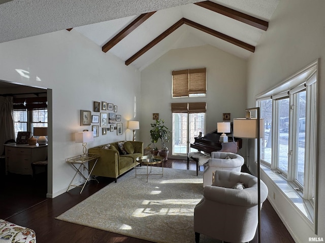 living room with beam ceiling, high vaulted ceiling, and dark wood-type flooring