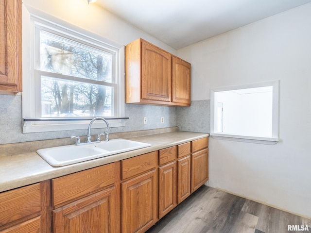 kitchen featuring backsplash, dark hardwood / wood-style flooring, and sink