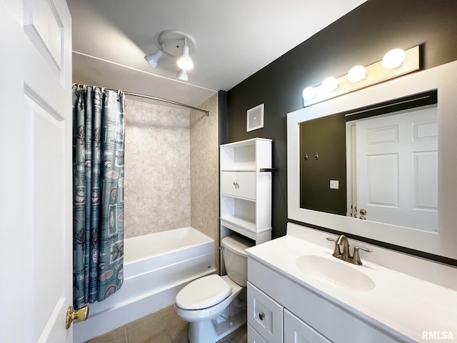 full bathroom with tile patterned floors, vanity, toilet, and shower / bathtub combination with curtain