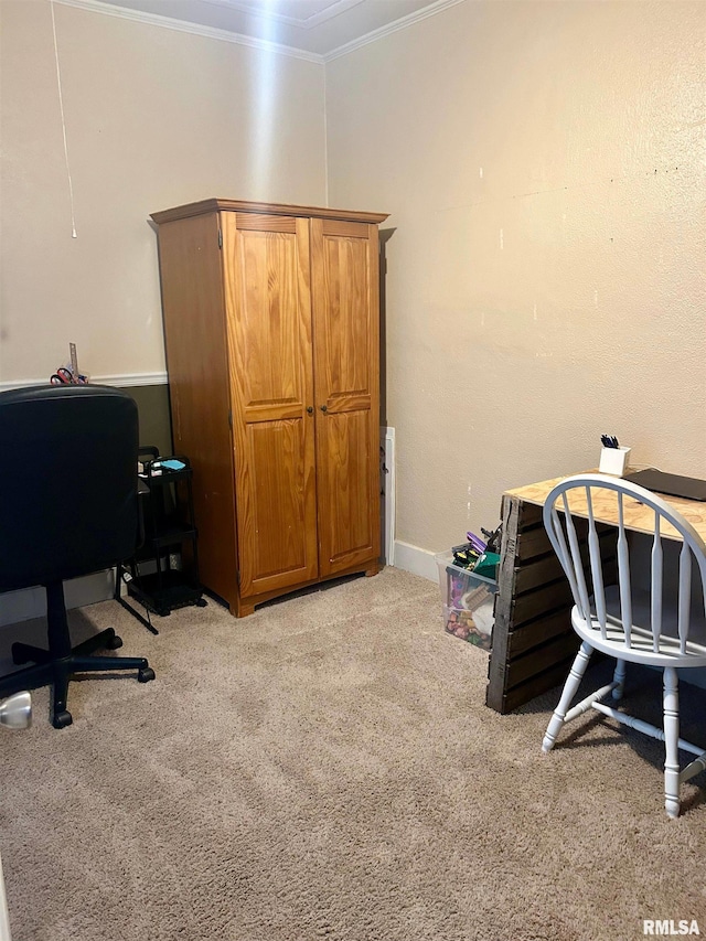 office with light colored carpet and crown molding