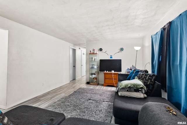 living room featuring a textured ceiling and light wood-type flooring