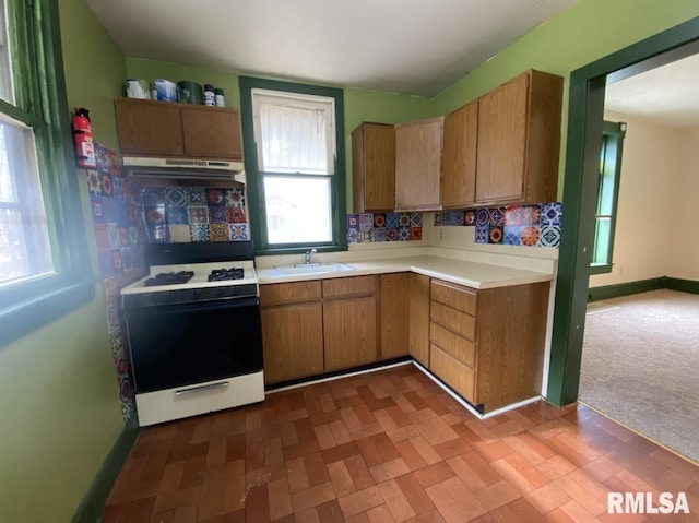 kitchen featuring tasteful backsplash, sink, light colored carpet, and white stove