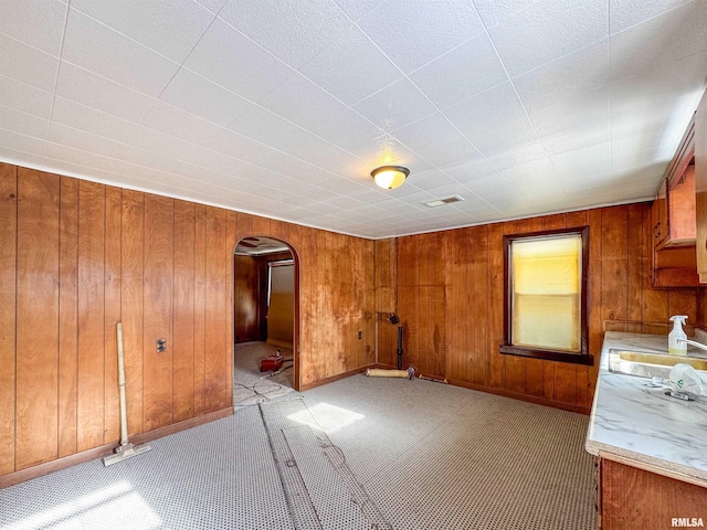 unfurnished living room with wooden walls, light carpet, and sink