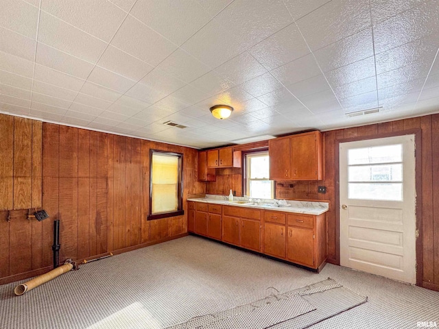 kitchen featuring wood walls and light carpet