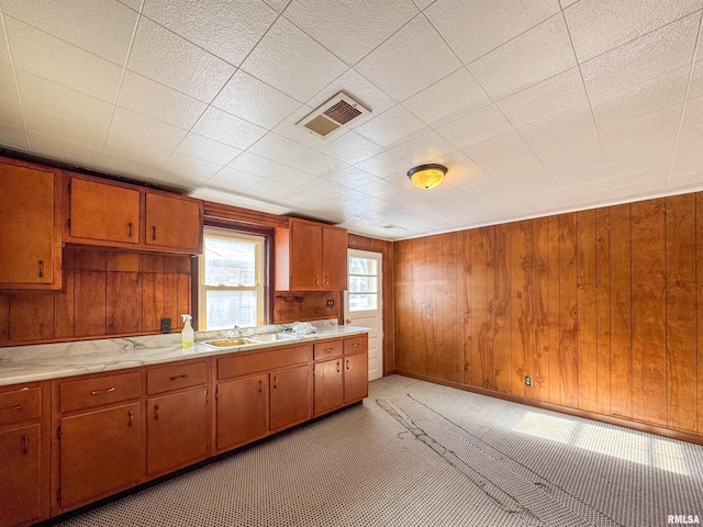 kitchen featuring wood walls and sink