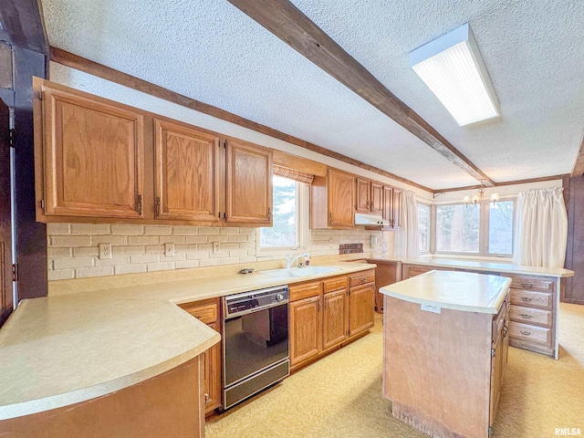 kitchen with a center island, an inviting chandelier, backsplash, black dishwasher, and sink