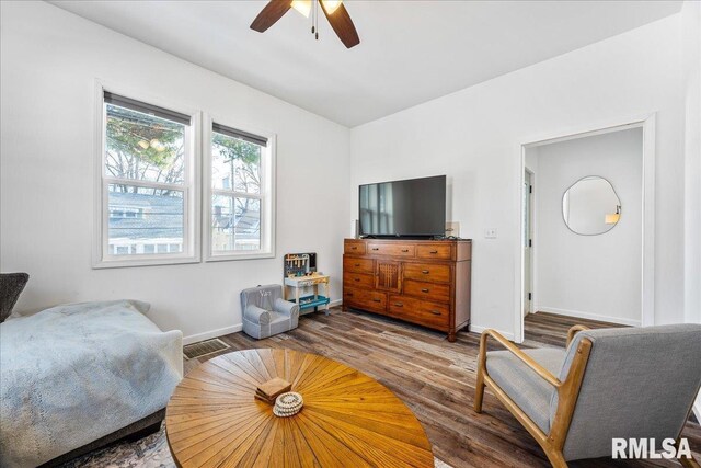 living room with wood-type flooring and ceiling fan