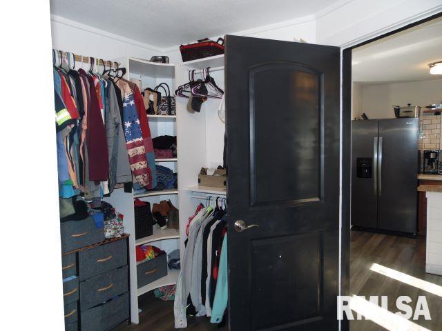 walk in closet with dark hardwood / wood-style floors