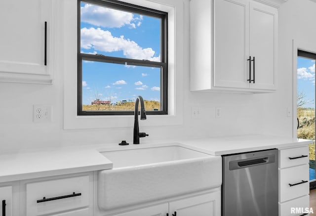 kitchen featuring a wealth of natural light, sink, stainless steel dishwasher, and white cabinets