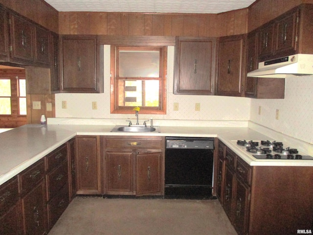 kitchen with decorative backsplash, sink, black dishwasher, dark brown cabinetry, and white gas cooktop