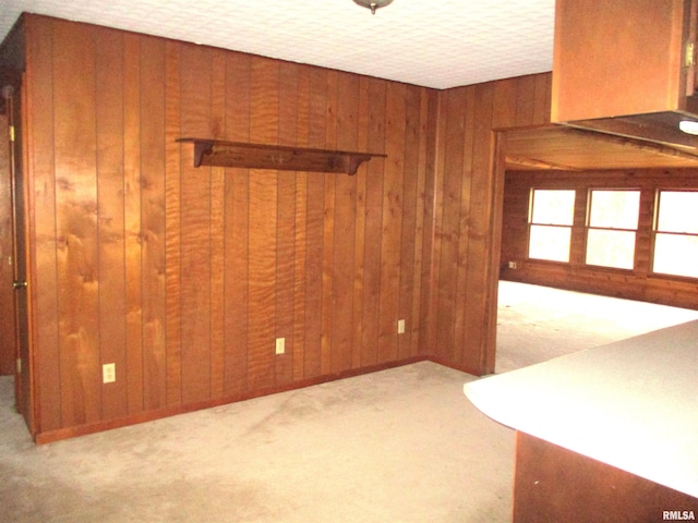 carpeted empty room with wood walls