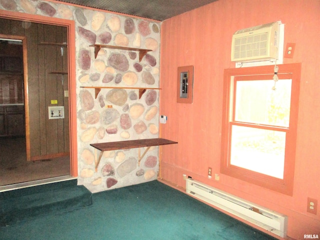 interior space featuring baseboard heating, electric panel, carpet flooring, and a wall mounted air conditioner