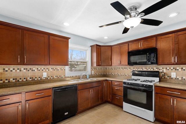 kitchen with sink, backsplash, ceiling fan, and black appliances