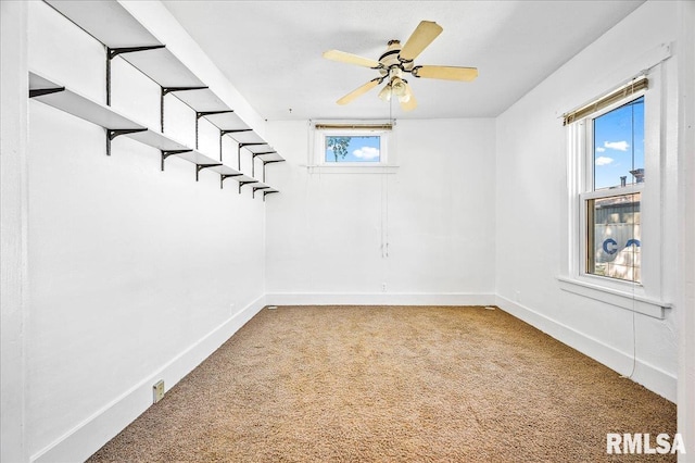 empty room featuring ceiling fan and carpet flooring