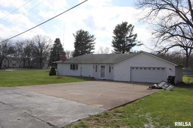 single story home with a garage and a front lawn