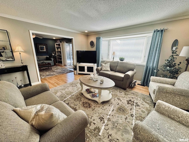 living room featuring wood-type flooring, a textured ceiling, and ornamental molding