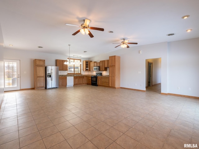 unfurnished living room with ceiling fan and light tile patterned floors